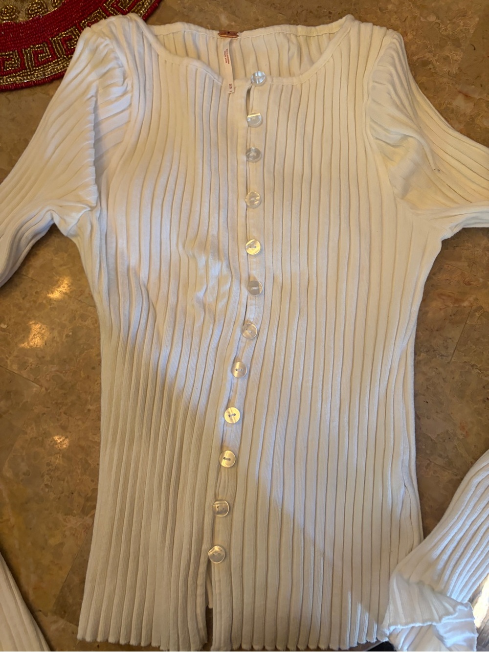 Free People Cream Ribbed Button-Front Top